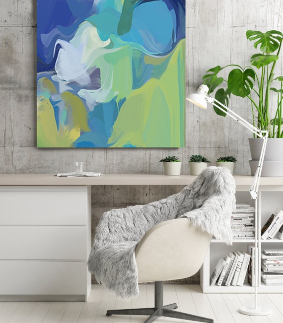 Energy, Blue Green White Blur Abstract Painting, Blue Green Canvas Art Print up to 48" by Irena Orlov