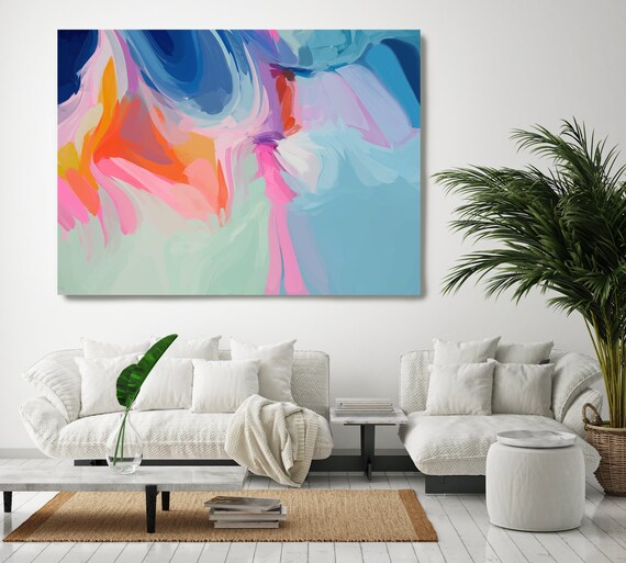 Orange Abstract Painting, Blue Abstract Canvas Print Large Modern Abstract Wall Art, Abstract Painting, Harmony of Nature