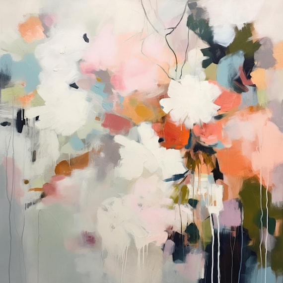 Abstract Floral Collection Blossoms in Bold Strokes-20, Abstract Pink Blue Flower Painting Print On Canvas, Large Wall Art, Floral Art
