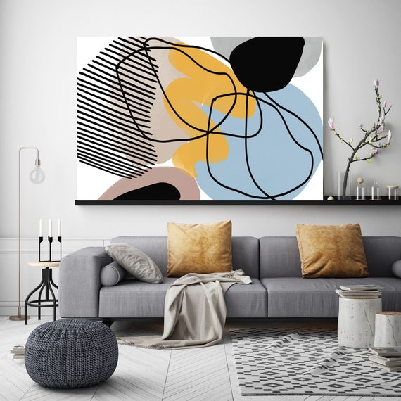 Baby Blue and Yellow Dream. Line Art Modern Blue Yellow Canvas Art Print Scandinavian Minimalist abstract Wall decor Minimalist Art