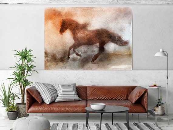 Wind Blown Horse. Running Horse, Horse Canvas Print Art, Rustic Horse, Farm House Wall Art, Equestrian Painting Wall Art, Watercolor Horse