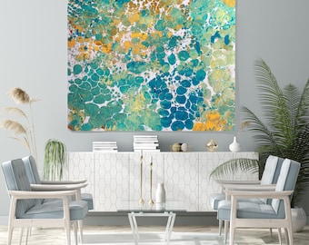 Textured III Canvas Print or Hand-Embellished Textured Art, Turquoise, Teal Gold Abstract, Modern Wall Art