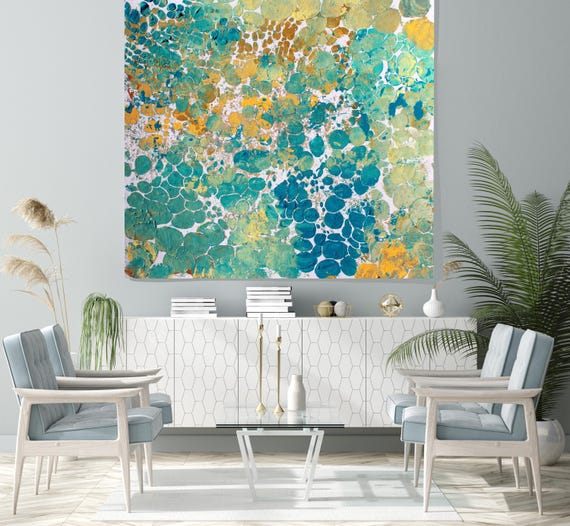 Textured III Canvas Print or Hand-Embellished Textured Art, Turquoise, Teal Gold Abstract, Modern Wall Art