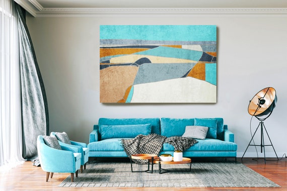Blue Beige Abstract Landscape, Organic Shapes and Lines, Landscape Painting, landscape canvas art print, N-10-14-4 Panoramic Mountain
