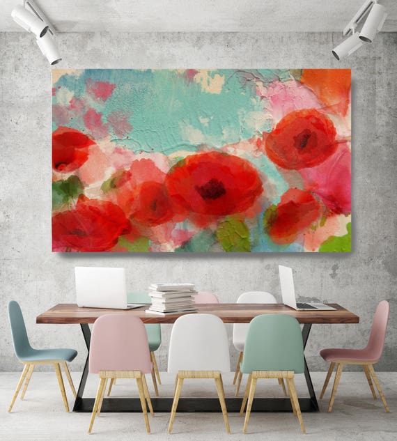 Fresh Air Poppies. Floral Painting, Blue Red Abstract Art, Large Abstract Red Teal  Canvas Art Print up to 72" by Irena Orlov