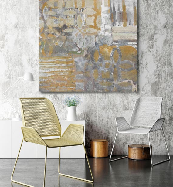 ORL-2751-2 Earth Weave. Yellow Gray Abstract Paintings Art, Large Abstract Colorful Contemporary Canvas Art Print up to 48" by Irena Orlov