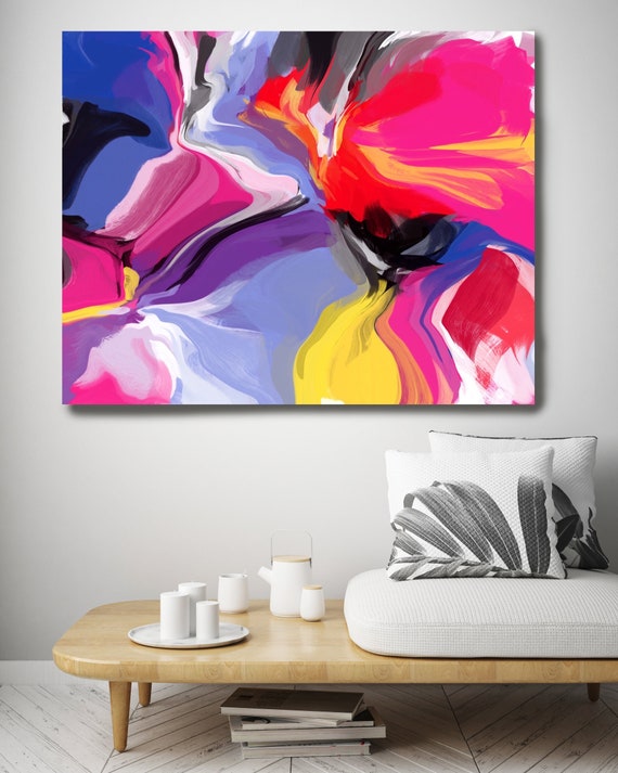 Crushing Temper, Abstract Painting Canvas Art Giclee Print Blue Hot Pink Yellow Purple Boho Art Print Wall Art up to 80" by Irena Orlov