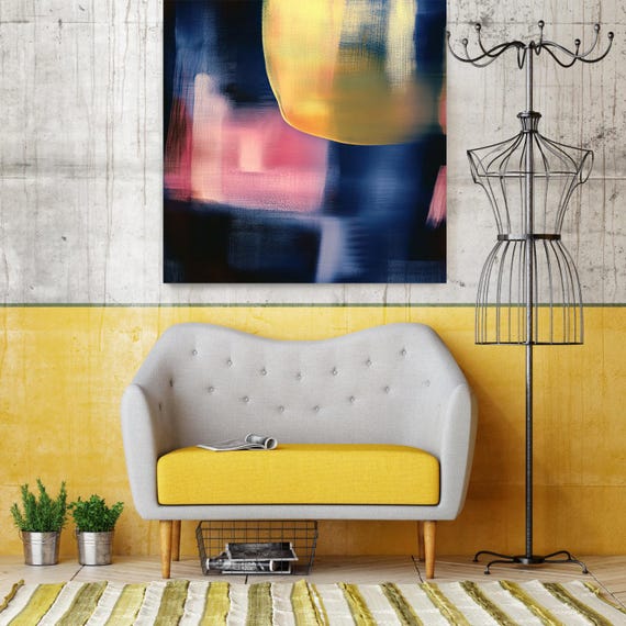 Waves of Solitude-6, Blue Yellow Contemporary art, Abstract Painting Print, Canvas Print Painting Art, Office Art, Living Room Wall Decor