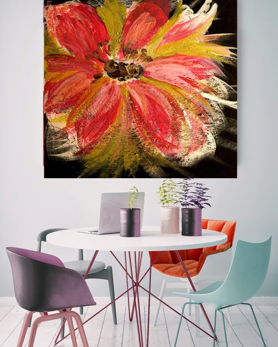 Red Flower. Red Green Black Floral Canvas Art Print, Red Green Black Rustic Modern Huge Canvas Art Print up to 48" by Irena Orlov