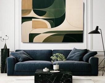 Mid-Century Modern Abstract Canvas Wall Art | Organic Geometric Design in Green Beige | Hand-Embellished Interior Wall Art, Between Forms-17