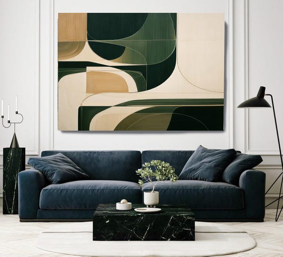 Mid-Century Modern Abstract Canvas Wall Art | Organic Geometric Design in Green Beige | Luxury Art, The Space Between Forms-17