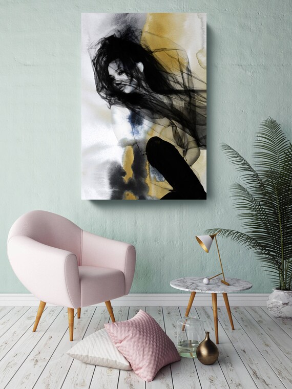 Yellow Explosion, Figurative Mixed Media Contemporary Yellow Black Woman Canvas Art Print up to 72" by Irena Orlov