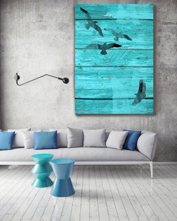 Birds In Sky, Blue Rustic Rustic Canvas Wall Art Print, Birds Blue Black Rustic Coastal Wall Art Decor up to 72" by Irena Orlov