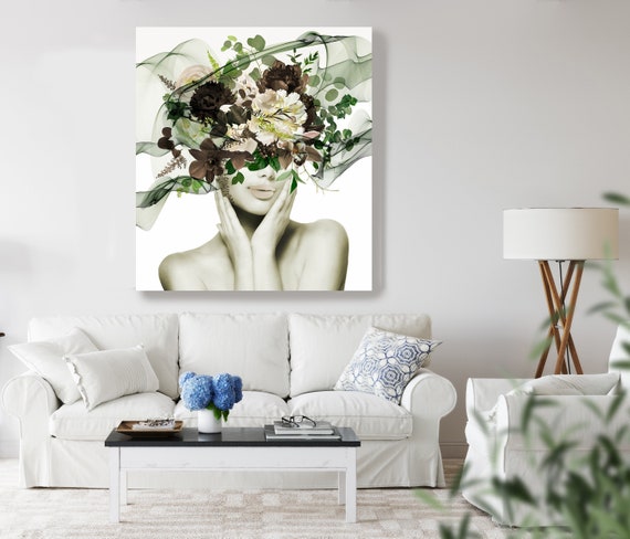 Woman Floral Portrait, Flower head woman Canvas Print, Sexy wall art, Heavenly Perfection 1, Floral Head Woman Print, Woman Fashion Art