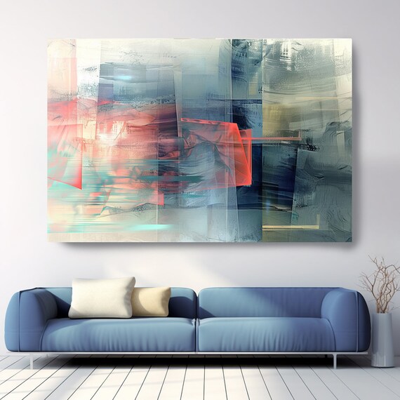 New Age Aesthetics-3, Blue Red Abstract Painting Print on Canvas, New Media Art, Contemporary Living Room Decor, Office Wall Art