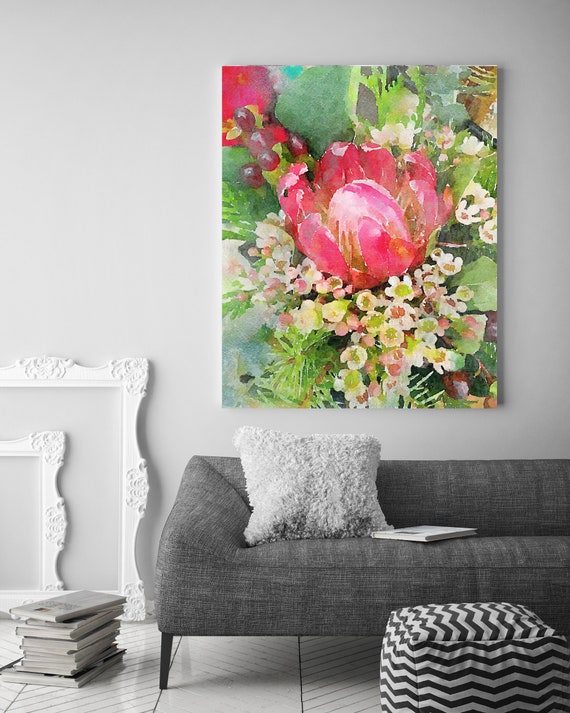 Tropical Bunch Vintage Flower Watercolors Painting Canvas Print Red Vintage Flower Painting Watercolor Canvas Art Print up to 72"