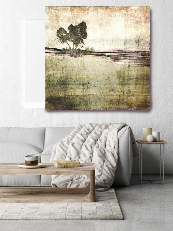 Huge Rustic Landscape Painting Canvas Art Print, Extra Large Beige Green Canvas Art Print up to 50" by Irena Orlov