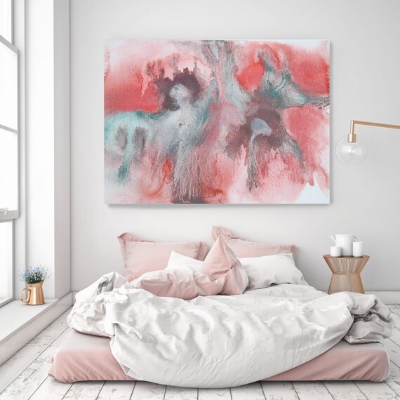 Turquoise Red Brown Watercolor abstract splash 1. Watercolor Green Pink Watercolor Painting Print Canvas Art Print up to 72" by Irena Orlov