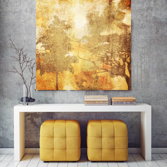 Autumn Mist. Huge Rustic Landscape Painting Canvas Art Print, Extra Large Yellow Orange Brown Canvas Art Print Autumn Landscape Art