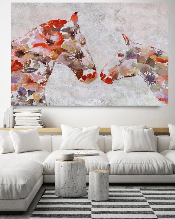 Abstract Flower Horses. Extra Large Contemporary Horse Canvas Mixed Media Art. Horses Original Art by Irena Orlov, Farmhouse