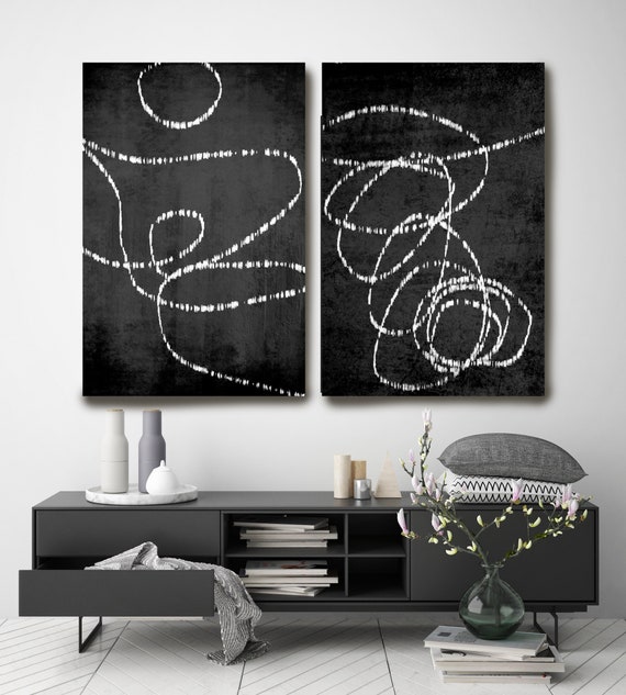 Black White Lines Art, Line Abstract Modern Art, Mid Century Modern Canvas Print Abstract Large wall Painting DIPTYCH 2 Pieces