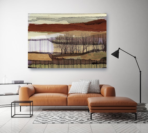 Dreamy landscape. Huge Rustic Landscape Painting Canvas Art Print, Extra Large Beige Green Brown Canvas Art Print up to 80" by Irena Orlov