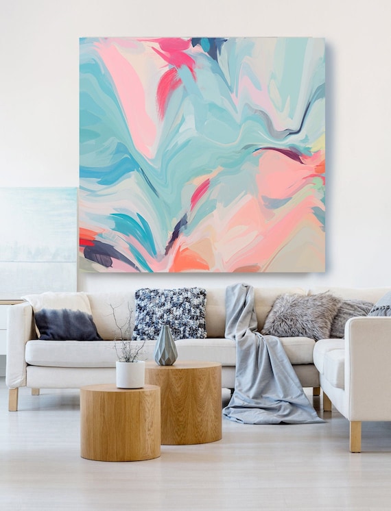 Light Blue Pink Painting on Canvas, Flow Abstract Painting, Large Art Print On Canvas, Abstract Centerpiece, Lines of Life 1