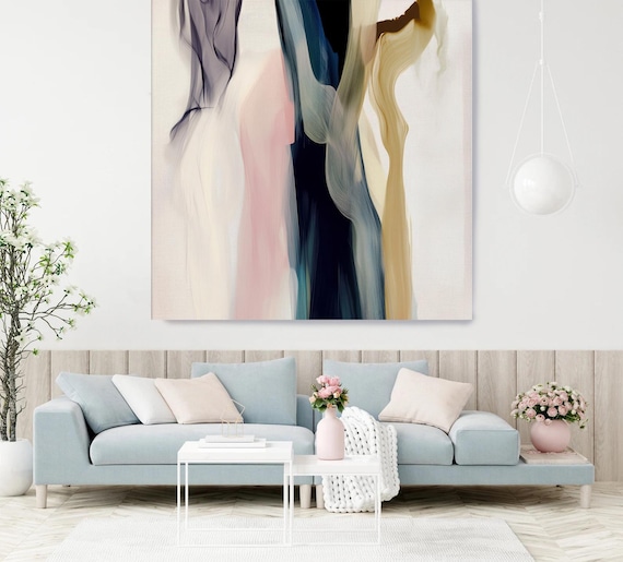 Rhythmic Fusion-3, Beige Blue Canvas Print | Minimalist Abstract Painting | Blue Pink Abstraction | Abstract  Art | Abstract Canvas Print