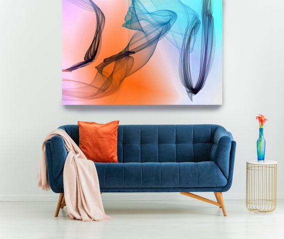 Orange Blue Abstract Painting Flow Abstract Art, Contemporary Canvas Art Print, New Media Artwork The Invisible World-Movement 31, Line Art