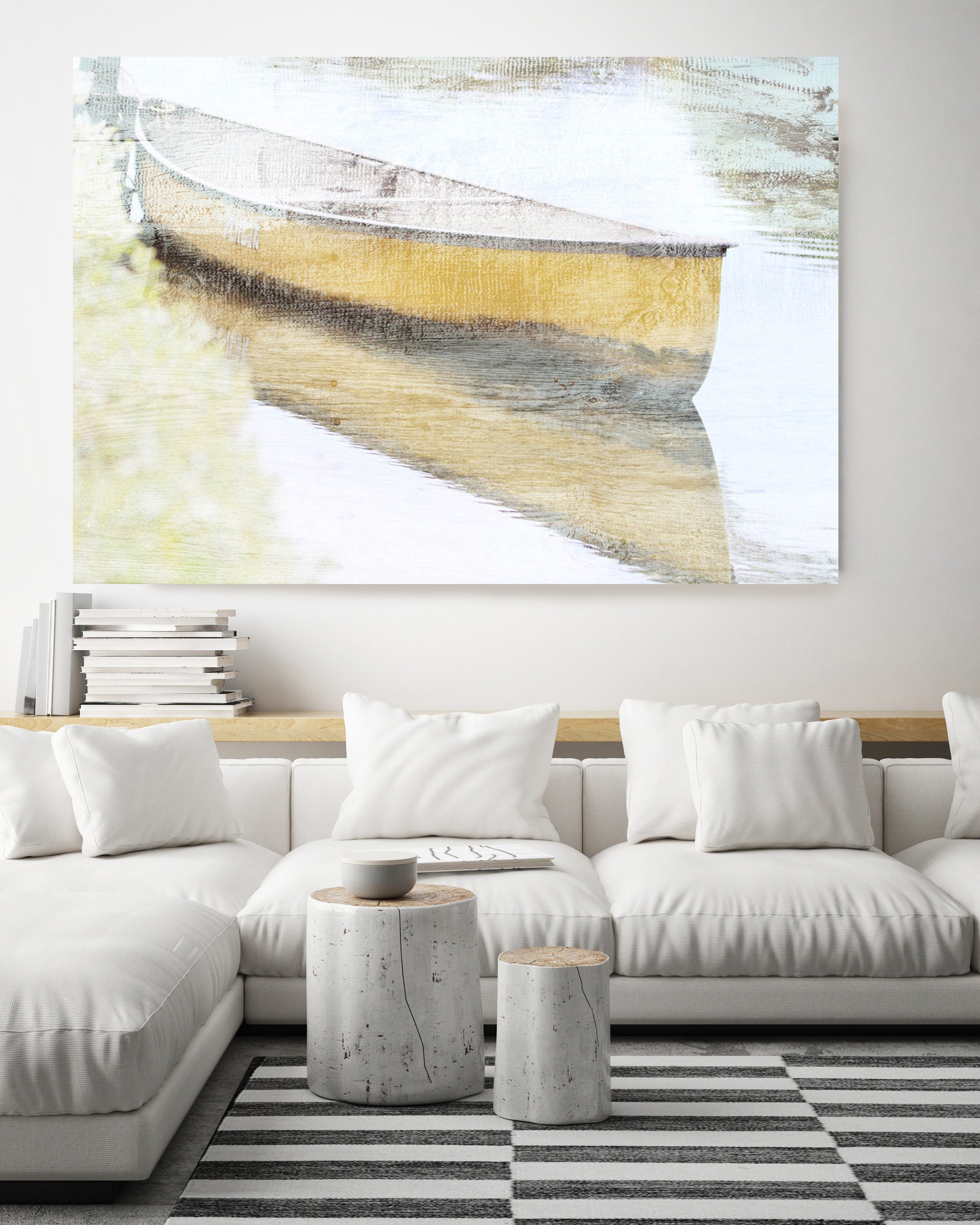 Yellow wood boat, Rustic Boat Art, Beach Decor, Boat, Coastal Wall