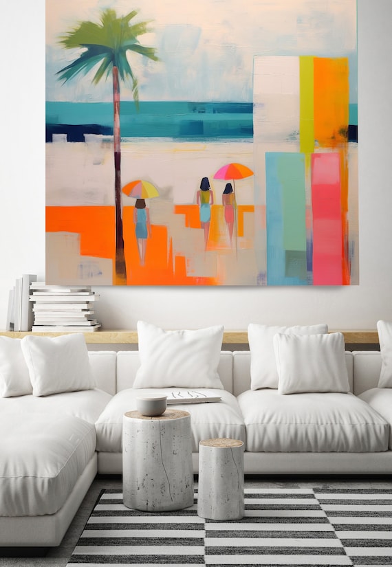 Beach Days Wall Art 9 Painting Print, Coastal Canvas Print, Midcentury Coastal At print on Canvas, Color Block Abstract Coastal Paining Art