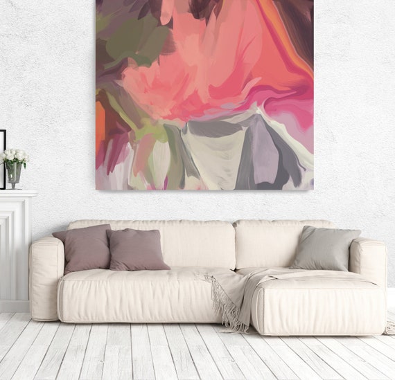 Coral Red, Green, Orange, Gray, Pink Abstract Painting, From Day to day 2, Abstract Canvas Art Print up to 50" by Irena Orlov