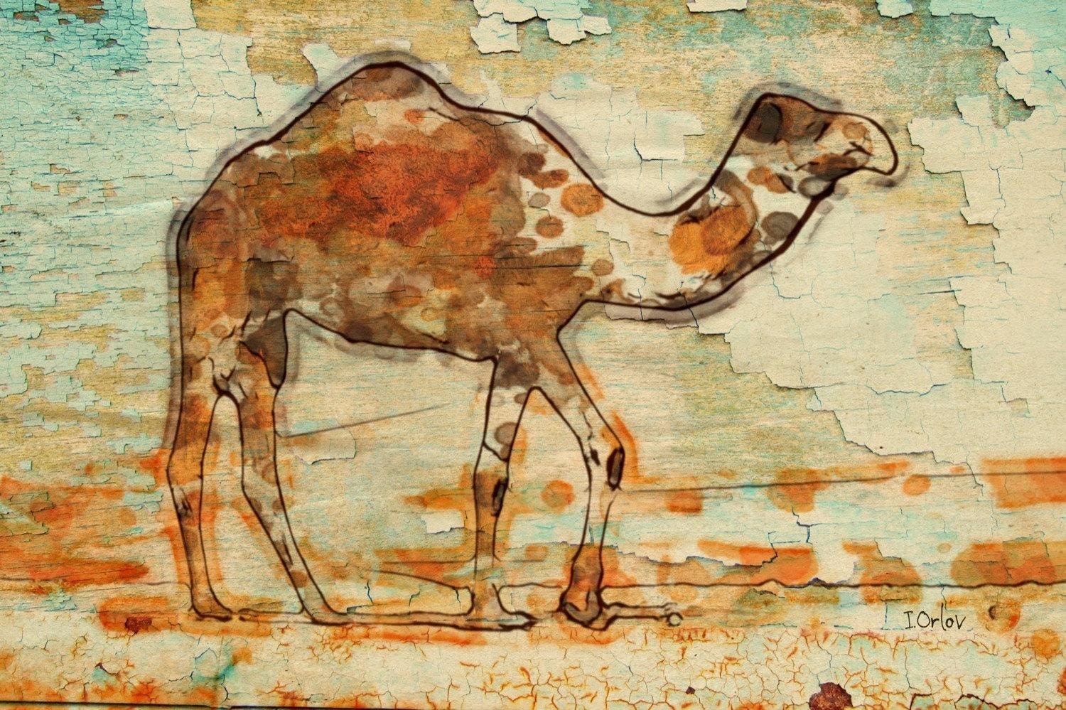 Camel. Camel Rustic Canvas Art Print, Teal Brown Beige Camel Wood