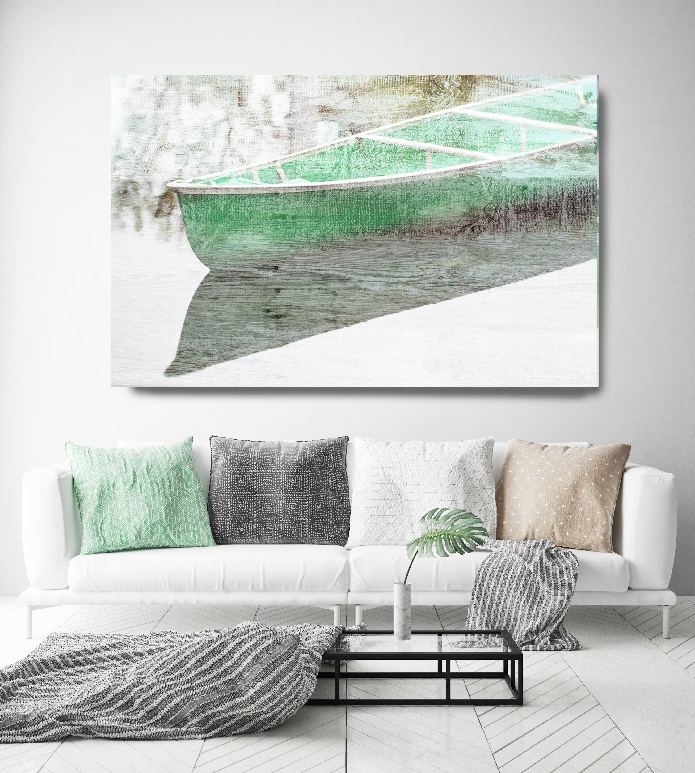 Green Fishing Boats Rustic Boat Art Beach Decor Coastal