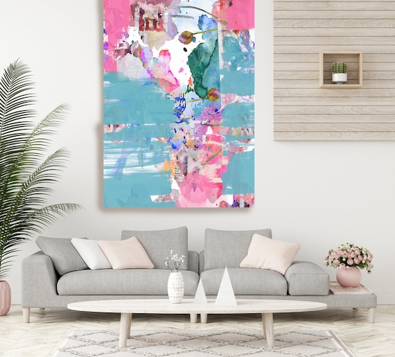 Pink Blue Abstract Painting on Canvas, Extra Large Canvas Print, Blue Oversized Textured Art, Art for Interiors, Happiness Painting