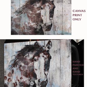 May include: A close-up of a painting of a horse's head on a textured canvas. The horse is white and brown with a black mane and tail. The background is a light blue and white wood grain.