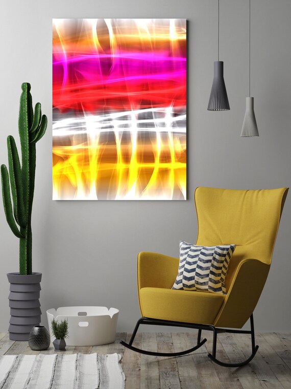 Mysterious Light 21, Neon Black Red Yellow Contemporary Lines Wall Art, Extra Large New Media Canvas Art Print up to 72" by  Irena Orlov