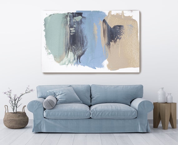Teal Blue Beige Pastel Colors Modern Abstract Wall Art Decor, Abstract Vivid Painting Canvas Print, Abstract Painting Art, Shade of blue