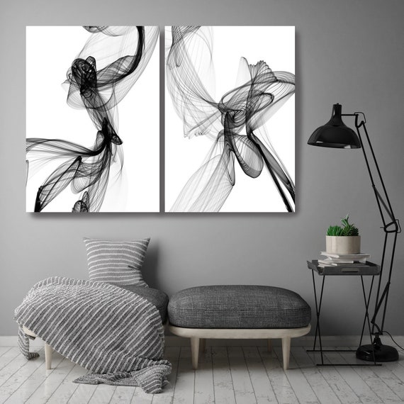 Minimalist Black and White,Black and White Diptych Stretched Canvas Wall Art Pair, Canvas Art Print, Abstract Black and White Wall Decor