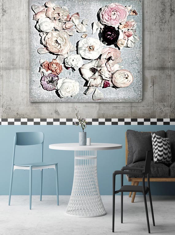 Shabby Chic Flowers 5. Rustic Floral Painting, Pink Blue White White Rustic Large Floral Canvas Art Print up to 48" by Irena Orlov