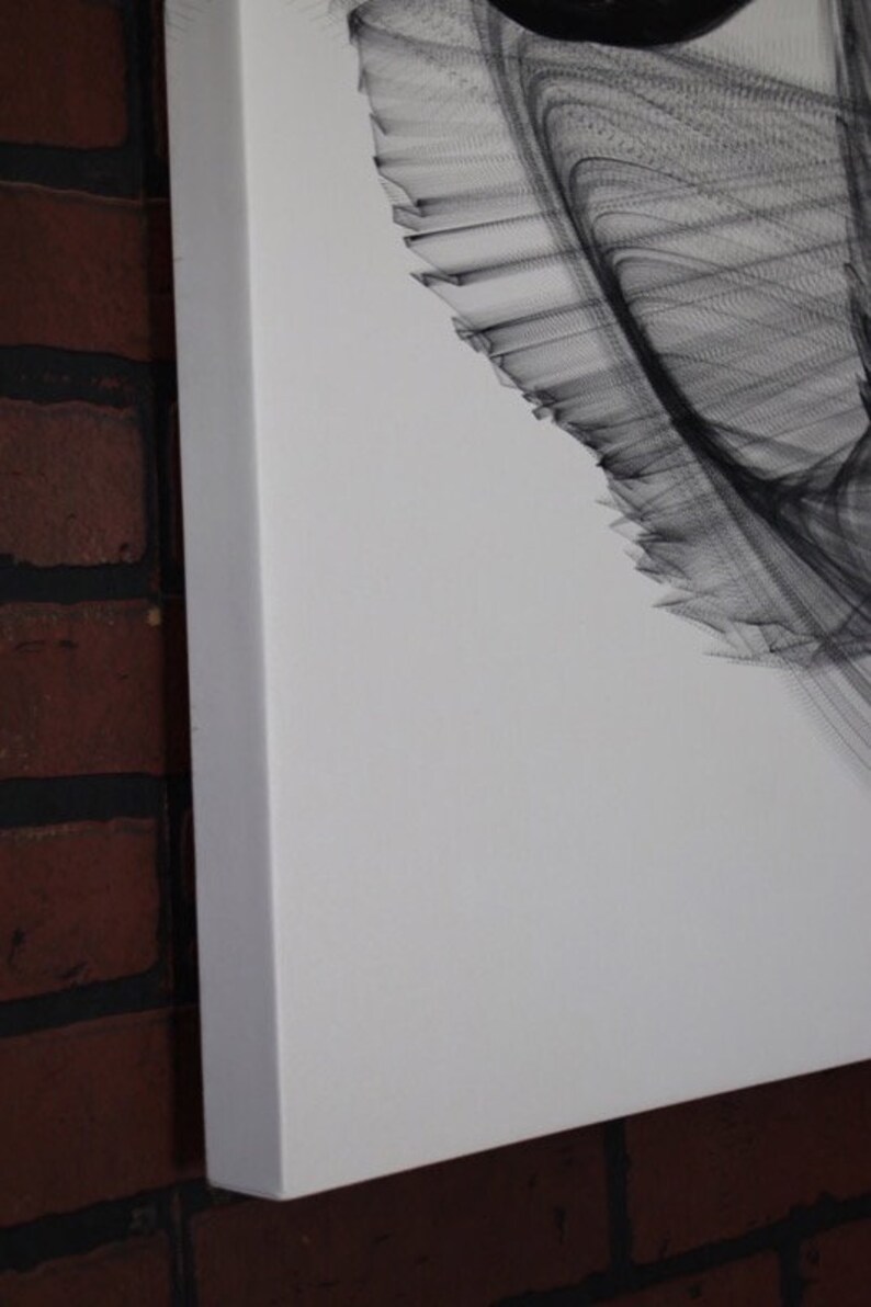 May include: A close-up of a white canvas with a black abstract design. The design is made up of thin lines that create a swirling pattern.