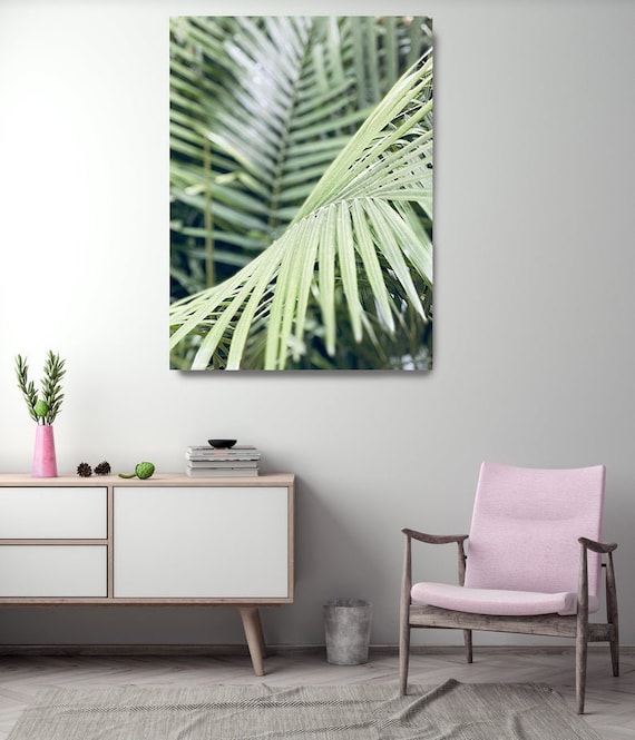 Tropical Blush Green Palm Art, Tropical Canvas Print