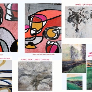 May include: A collage of six different abstract paintings. The paintings are in various styles and colors, including black, white, gray, red, pink, yellow, and blue. The paintings are all hand-textured and some are also hand-painted. The text "HAND TEXTURED OPTION" appears on the collage.