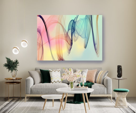 Teal Pink Yellow Abstract Painting Flow Abstract Art, Contemporary Canvas Art Print, New Media Artwork, Line Art, Contemporary Print