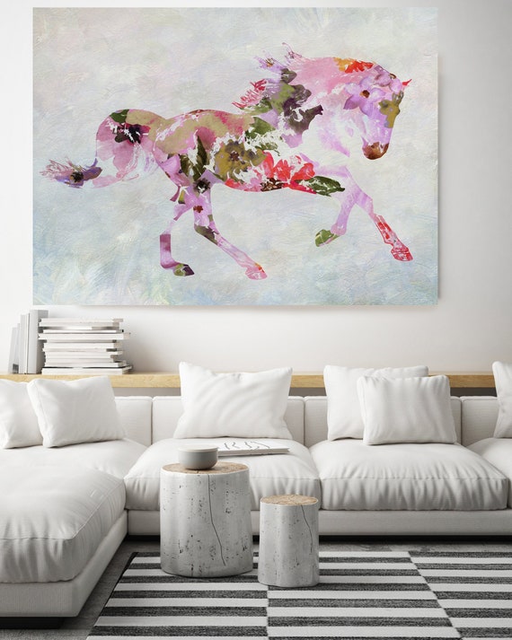 Horse painting BOHEMIAN Mixed Media Horse Painting Canvas Print BOHO Pink Floral Horse Art Large Canvas, Painted Horse Boho Wall ART