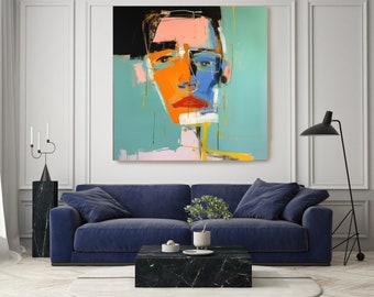 Colección abstracta de rostros humanos - HFC 40., Retrato de arte abstracto, Pintura de rostro abstracto Retrato expresivo Pintura primitiva Lienzo