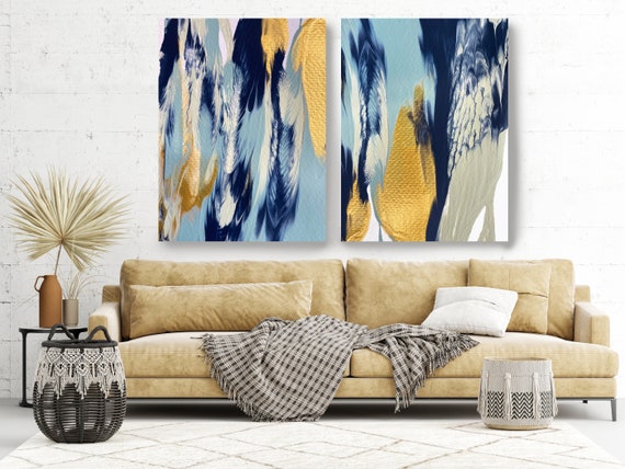 Gold  Reflection, Diptych-2 piece-Gold Blue Turquoise Abstract Painting, Extra Large Abstract Canvas Print