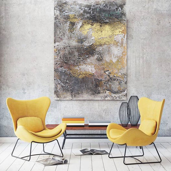 Textured Abstract Painting Canvas Art Print, Gray Gold Black Abstract Rustic Wall Art  up to 80" by Irena Orlov