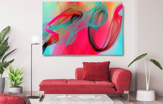 Red Teal Contemporary Wall Art, Office Decoration Vibrant Wall Art Electric Canvas Print, Home Decor, New Media, Color in the Lines 04-29-98