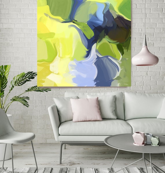 Green Sunset 3, Blue Yellow Brown Blur Abstract Painting, Blue Yellow Brown Canvas Art Print up to 48" by Irena Orlov